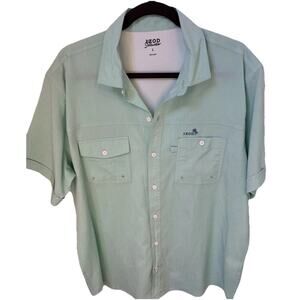 IZOD Saltwater Button Up Shirt Mens L Teal Blue Short Sleeve Casual Pockets